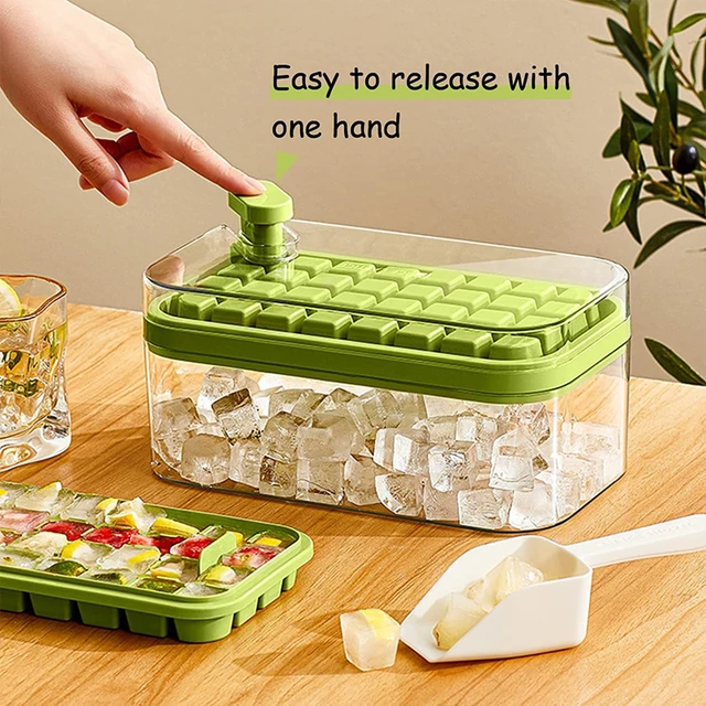 Ice Cube Tray with Lid and Bin for Freezer - Silicone Stackable Ice Trays 2  Pack and Storage Container with Cover Scoop - Portable Ice Maker Trays,  Good Size Ice Box Bucket. 