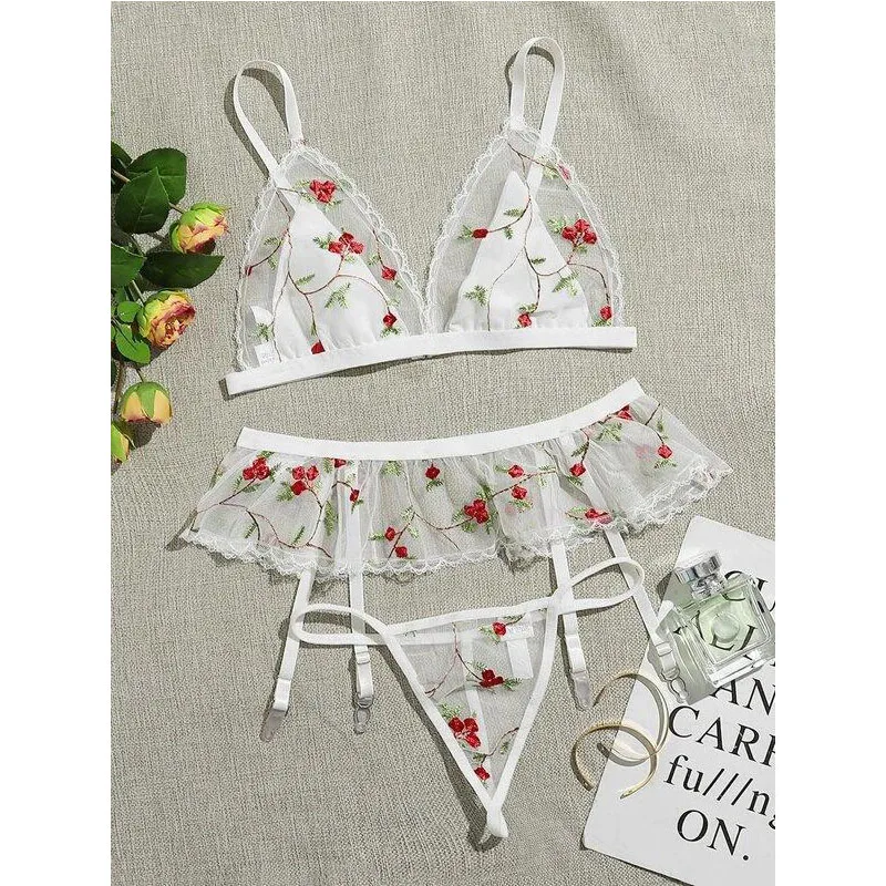 Kvinnliga Underkläder 3st Bralette Set Sensuell Underkläder Kvinna Blommig Broderade Underkläder Set Fransk Triangel Cup BH och_voghion.com