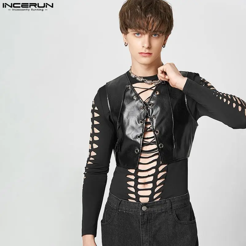 

INCERUN 2023 Fashion Men Vests PU Leather V Neck Lace Up Streetwear Waistcoats Solid Color Sleeveless Party Male Vests S-5XL