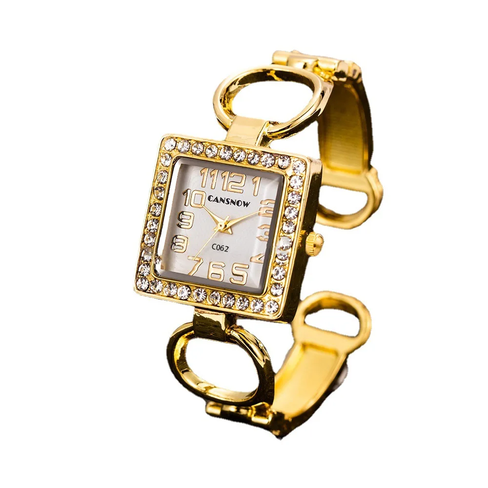 Women Watches Electronic Watch UTHAI W85 Women's Open Bracelet Watch Set Diamond Dial Square Girls' Hollow out Female's Fashion Quartz Wristwatch