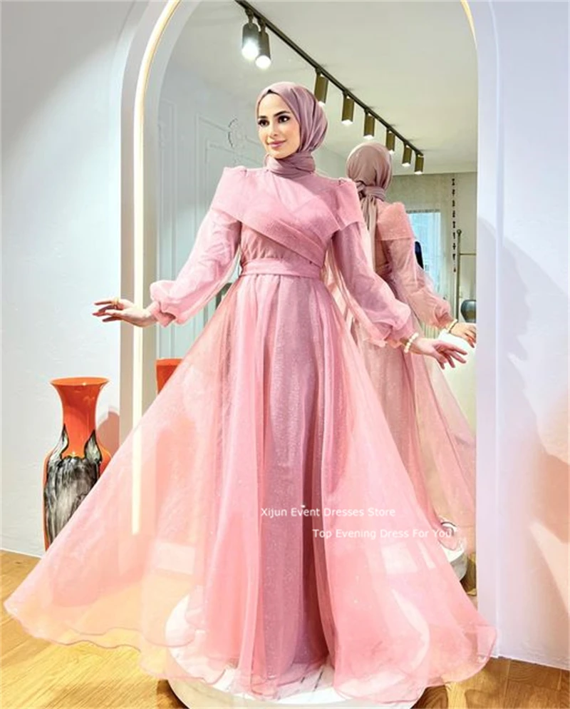 Xijun-Robe de Soirée en Tulle Rose Modeste, Caftan Marocain, Dubaï