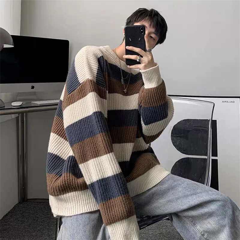 Autumn Winter Men's Loose Casual Round Neck Thickened Sweater Fashion Contrasting Color Stripe Handsome Versatile Knitwear