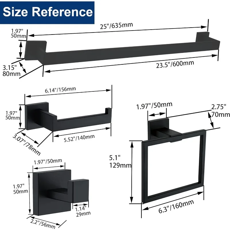 5 Pieces Bathroom Hardware Accessories Set Matte Black,24Inch Towel Racks for Bathroom,Bathroom Towel Rack Set Stainless Steel