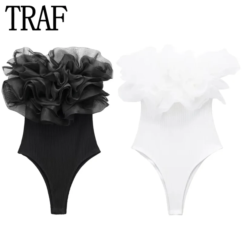 TRAF White Body Woman Off Shoulder Black Bodysuit Women Organza Ruffle