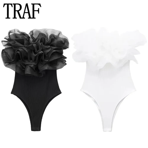 트렌디함 만점! TRAF 화이트 바디 여성 오프숄더 블랙 바디수트 추천