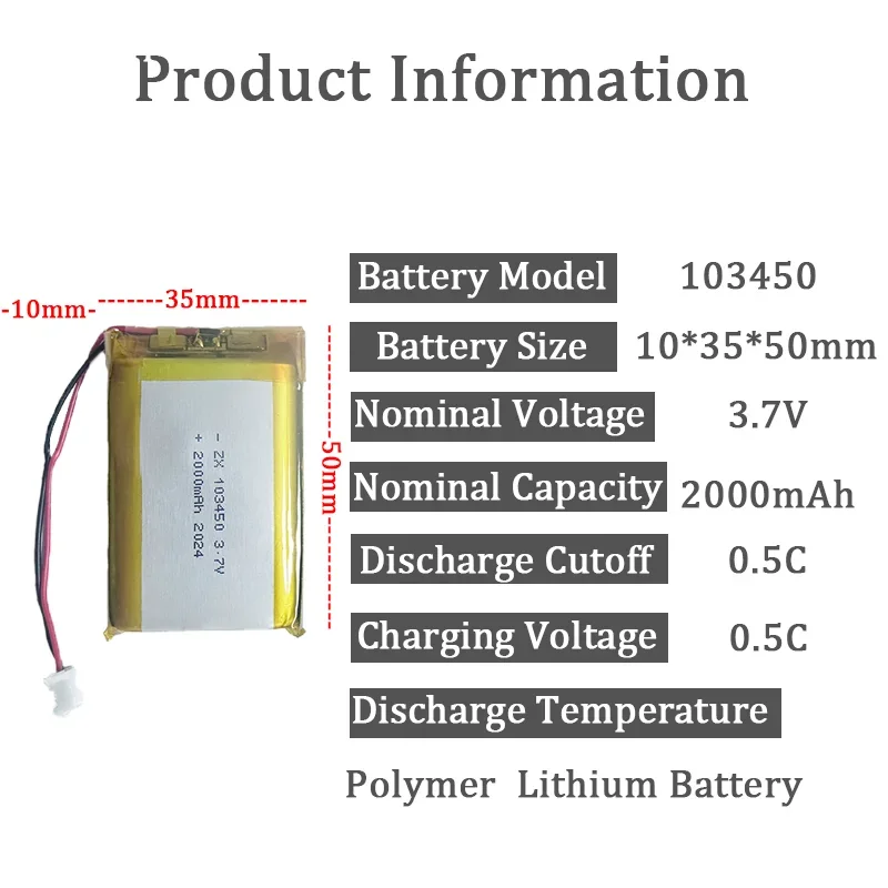 3.7V 103450 Real 2000mAh Rechargeable Polymer Lithium