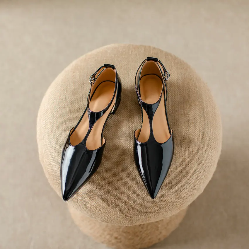 QUTAA T-Strap Women Pumps Spring Summer Pointed Toe Genuine Leather Thick Low Heels Casual Working Shoes Woman Size 34-39 women shoes women patent leather pumps