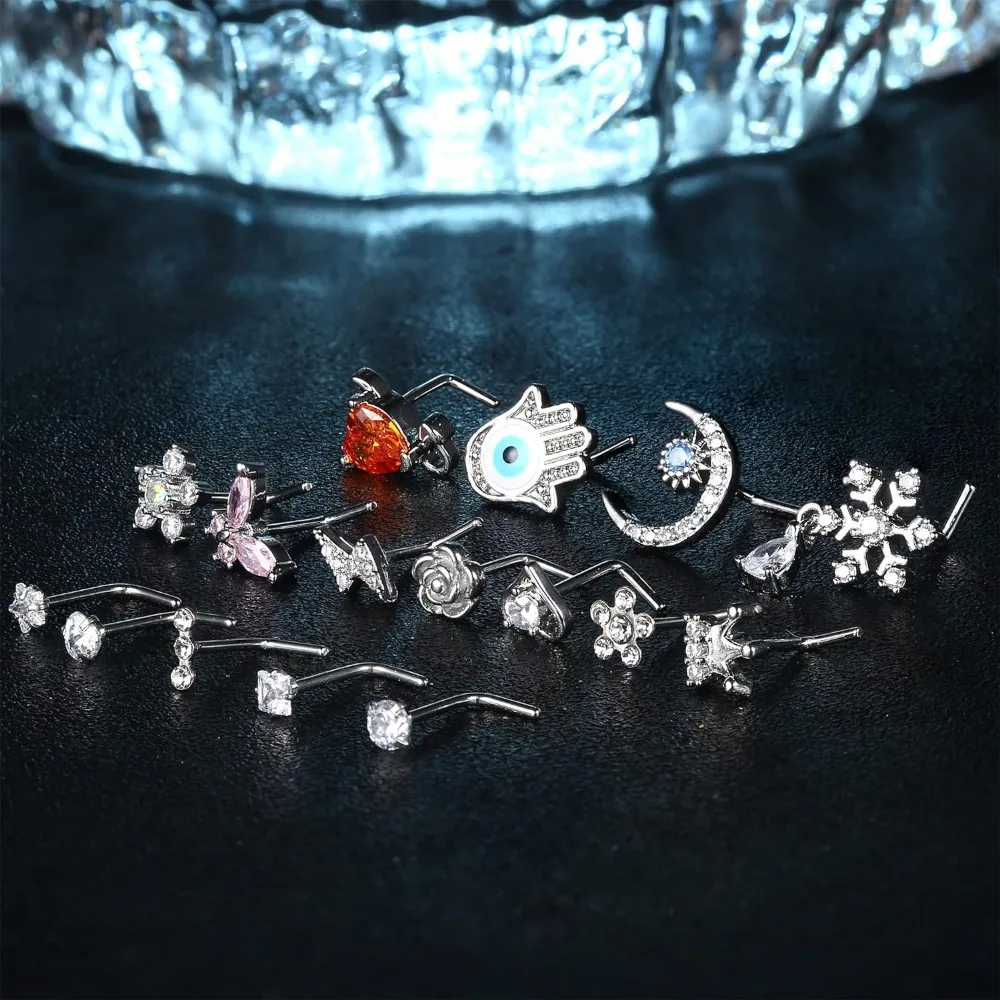 VFUN 20G Dangle Nose Ring L Shaped Dangling Nose Stud For Women Stainless Steel Nose Ring Studs Cz Flower Dangle Nose Rings Hoops Nose Piercing Jewelry