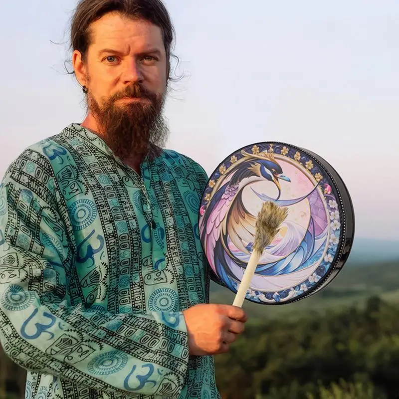Shaman Hand Drum Bird Print Drum Instruments Spiritual Instrument Colorful Shaman Tools Meditation Music Meditation