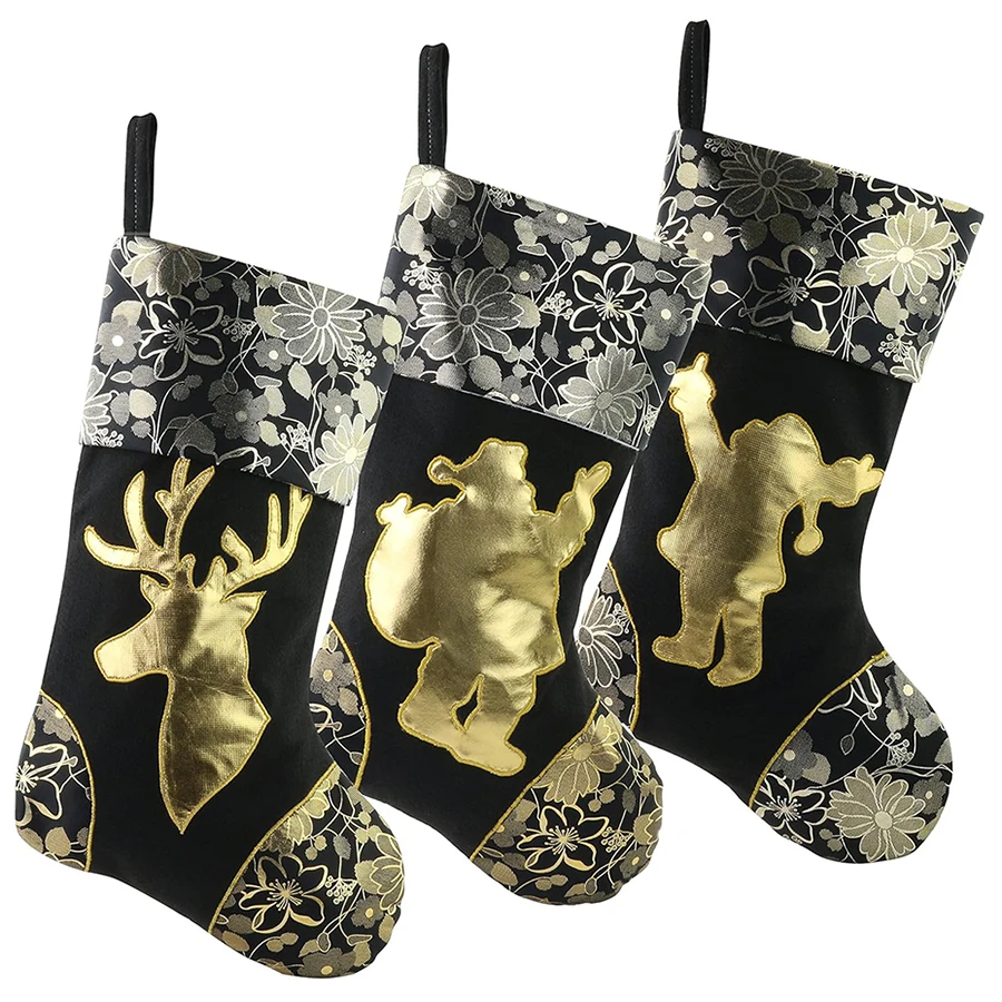 3 Pcs Christmas Socks Candy Bag Luxury Black Gold Elk Santa Pattern Home Fireplace Christmas Tree Pendant Decoration Gift Bag