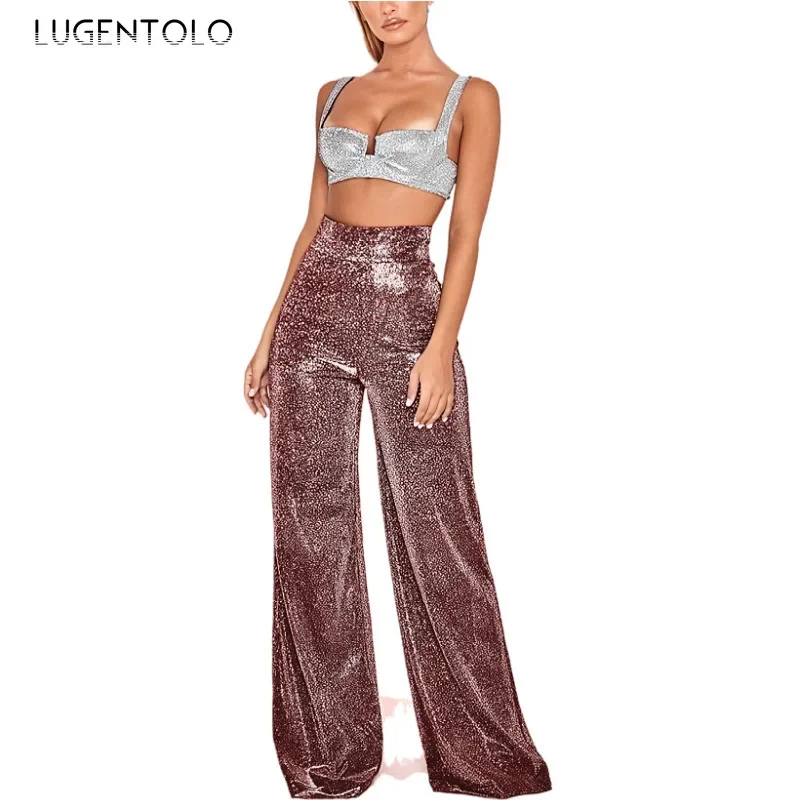 Women High Waist Pants Solid Hot Silver New Fashion Spring Summer Lady Elegant Comfortable Casual Wide-leg Long Clothing
