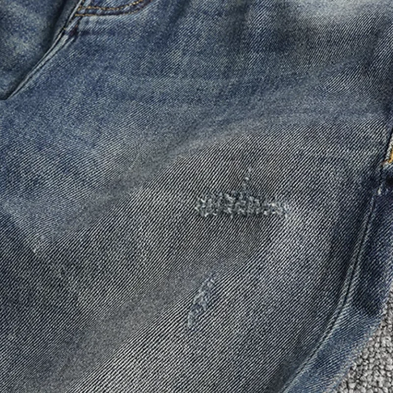 Men Jeans Nostalgia Washed Retro Embroidered Slim Straight Leg American Long Pants