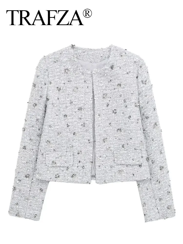 TRAFZA 2024 Women Shiny Sequins Cardigan Coat O Neck Long