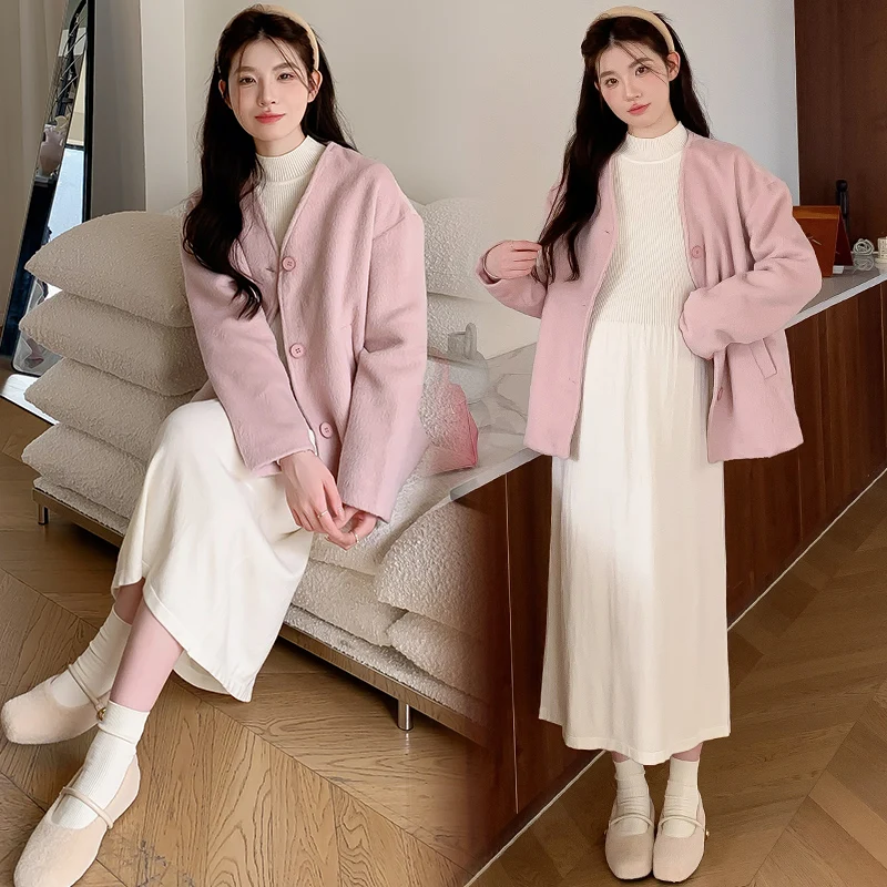 Winter Plus Size Female Woolen Outwear Long Sleeve V-neck Single-breasted Maternity Jacketsr Fashion Pink Pregnant Woman Coats