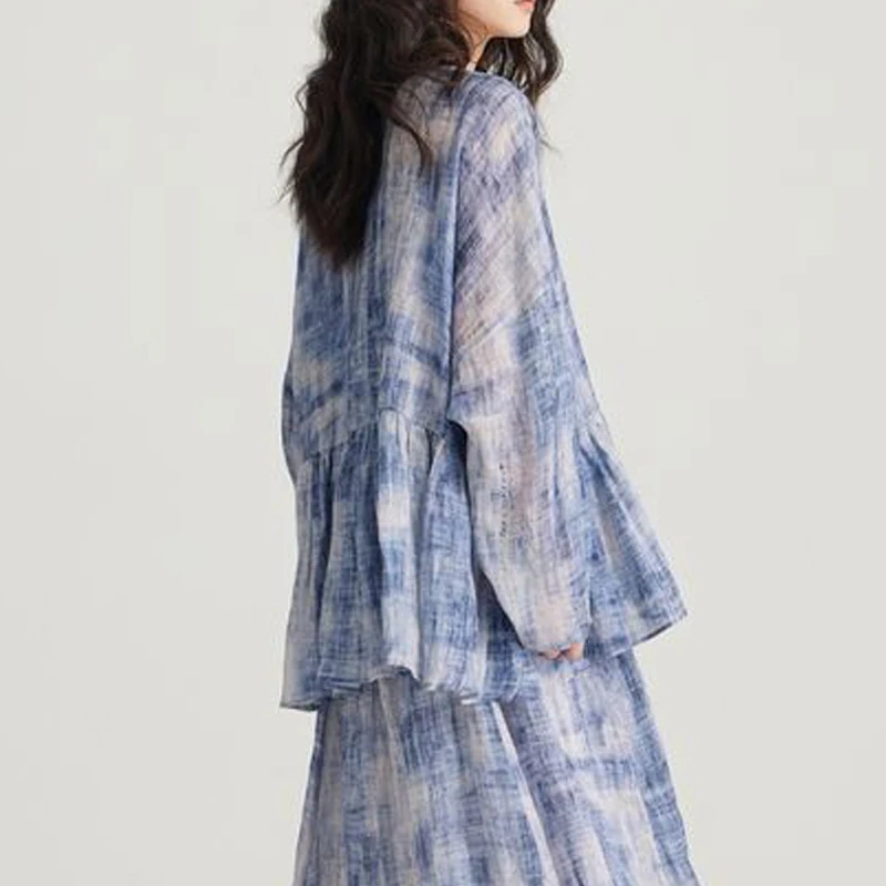 Women Trendy Vintage Tie Dye Print Ramie Blouses Ruffle Asymmetrical Design Oversize Shirts Y2K Harajuku Long Sleeve Tops Female