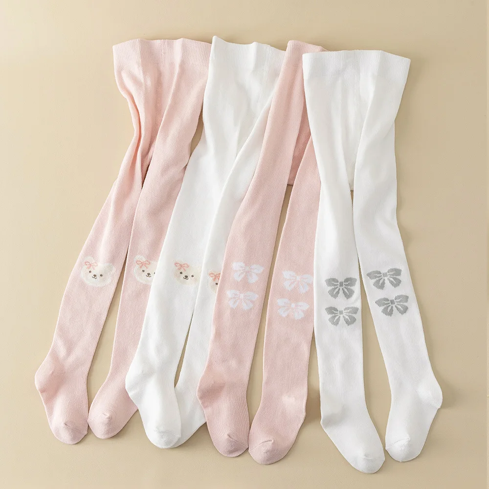 Leggings collants de couleur unie pour bébés filles, 2 pièces, mélange extensible ours et nœud mignon, parfait pour toutes les saisons, fond, usage quotidien