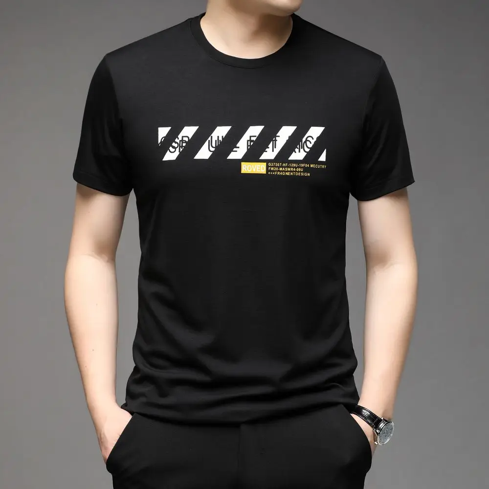 

COODRONY Мужская модная футболка с коротким рукавом и круглым вырезом, облегающие топы с принтом, бизнес удобная летняя одежда против морщин S6093