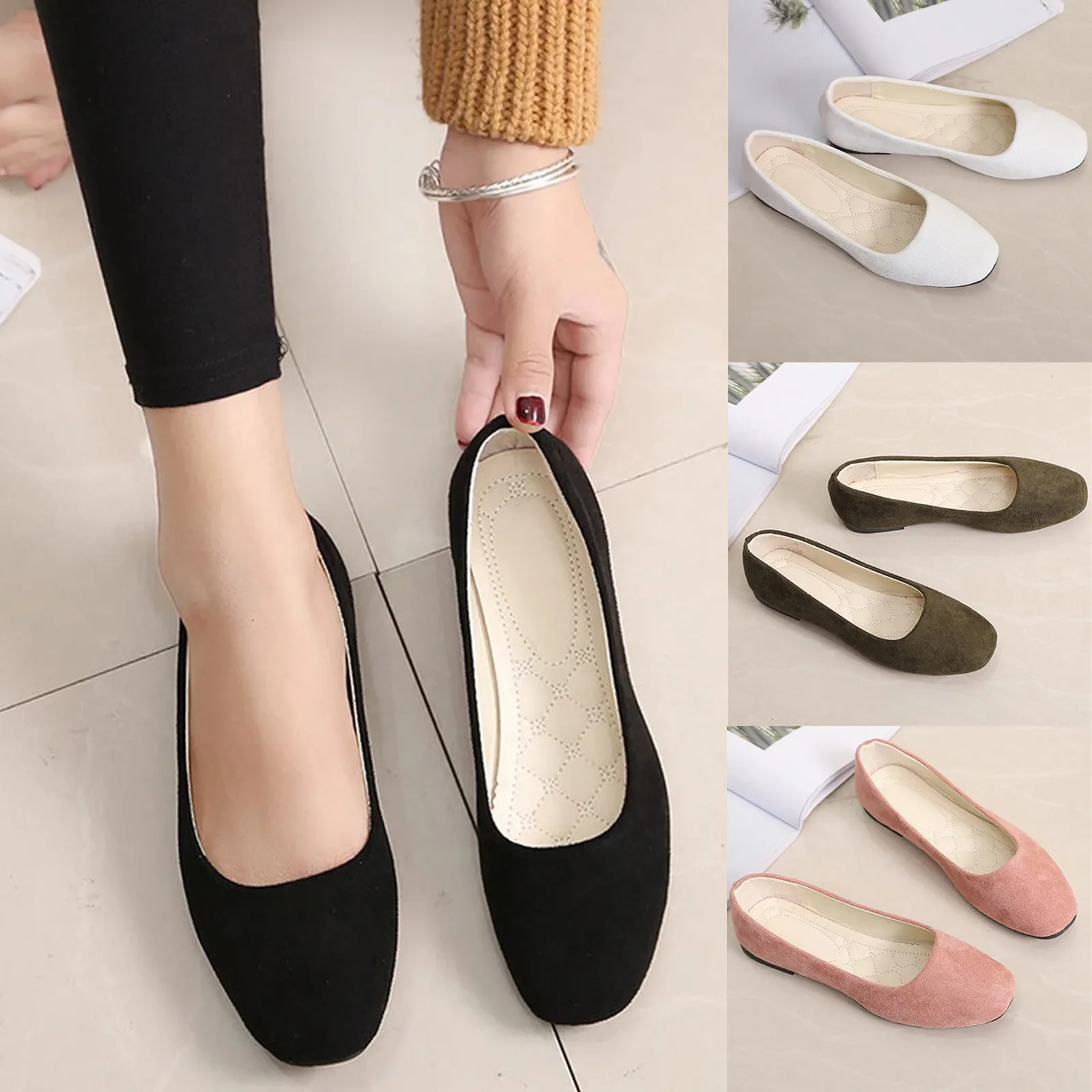 2025 Women Suede Square Flat Heel Shallow Female Shoes Spring Summer Square Toe Basic Concise Women Pumps Size 34-39