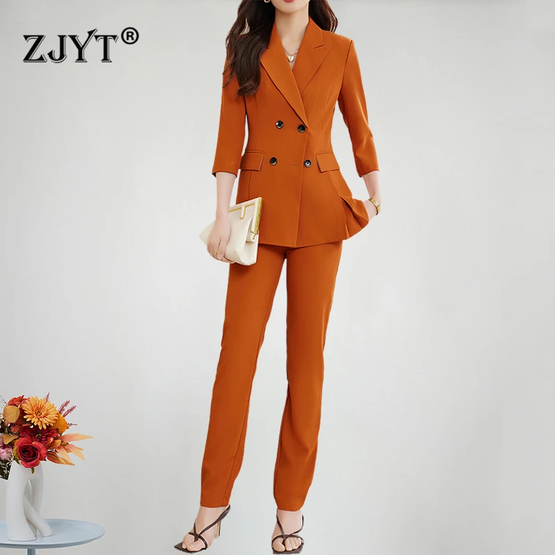 

ZJYT Double Breasted Blazer Suits Pant Sets 2 Piece Women Three Quarter Sleeve Jacket Trousers Set White Outfit Spring Work Wear