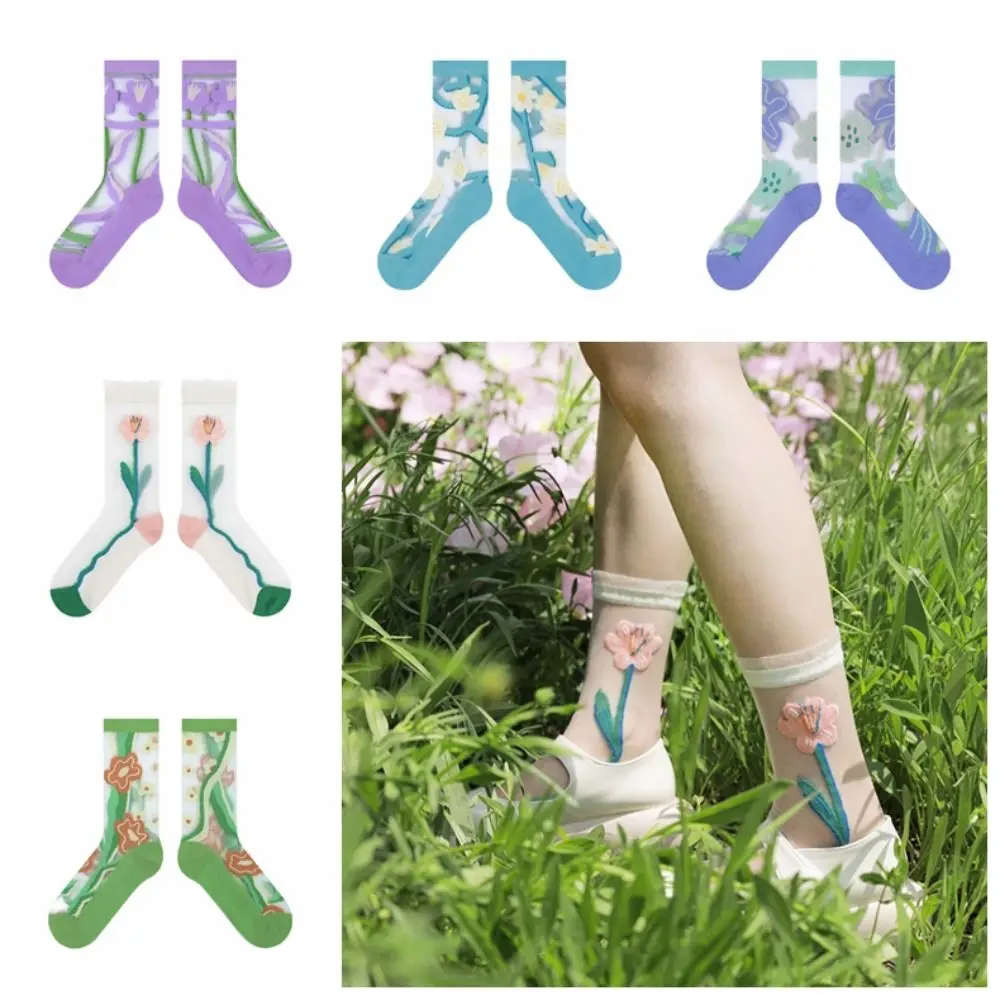 

Тонкие дышащие износостойкие Чулочные изделия в Корейском стиле Харадзюку женские стеклянные шелковые носки до щиколотки с цветами прозрачные носки