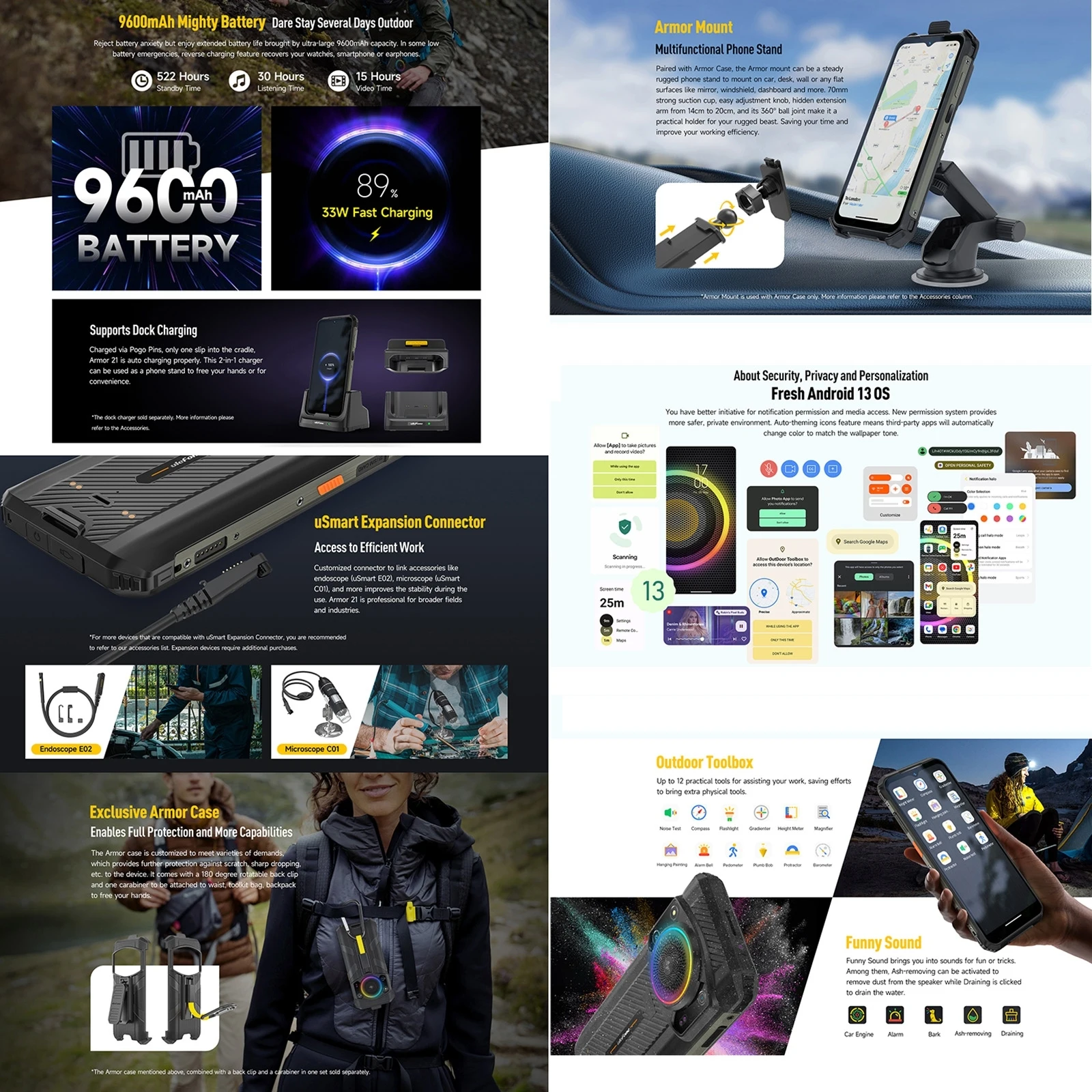 Ulefone Armor 21 8GB+256GB Rugged Phone Night Vision 9600mAh 6.58'' Android 13 Helio G99 NFC 4G Smartphone Global Version