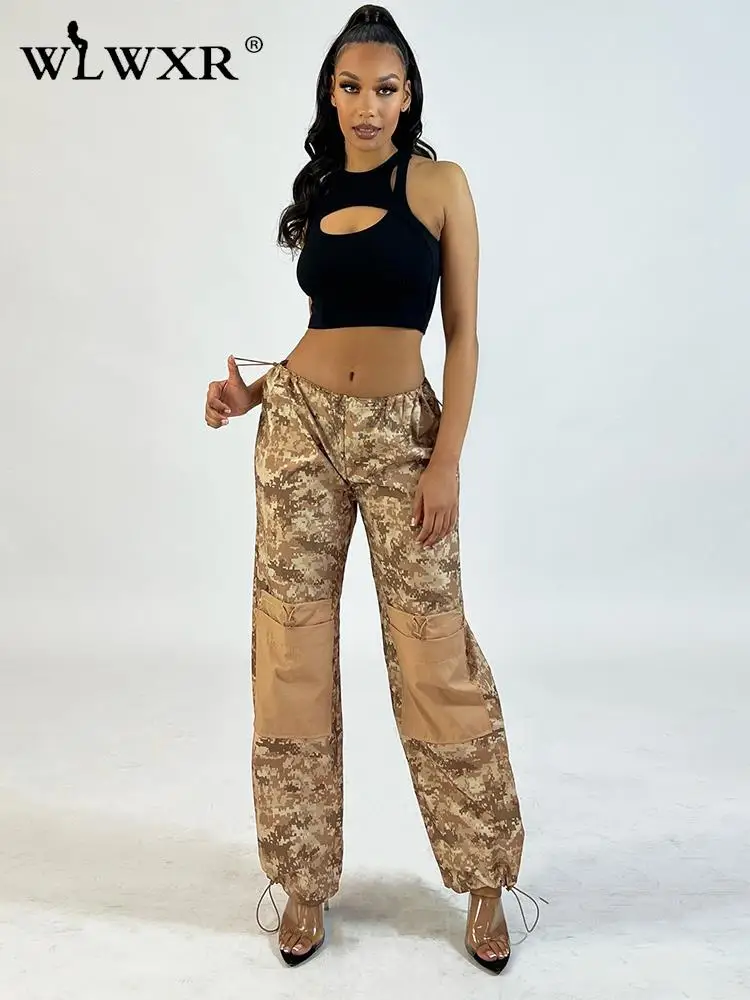 

WLWXR Summer Street Style Khaki High Waist Cargo Pants For Woemn 2023 Pocket Straight Pants Drawsiring Pocket Pants Female