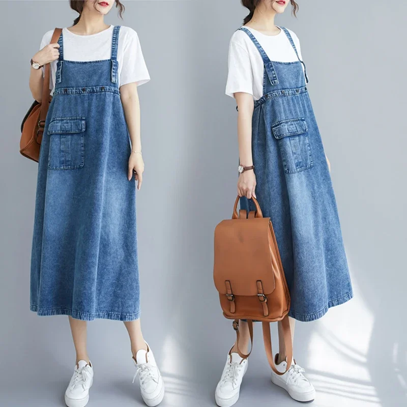 

Summer Overalls Spaghetti Straps Dress Vintage Sleeveless Denim Dresses Women Loose A-line Midi Dress Female with Pockets