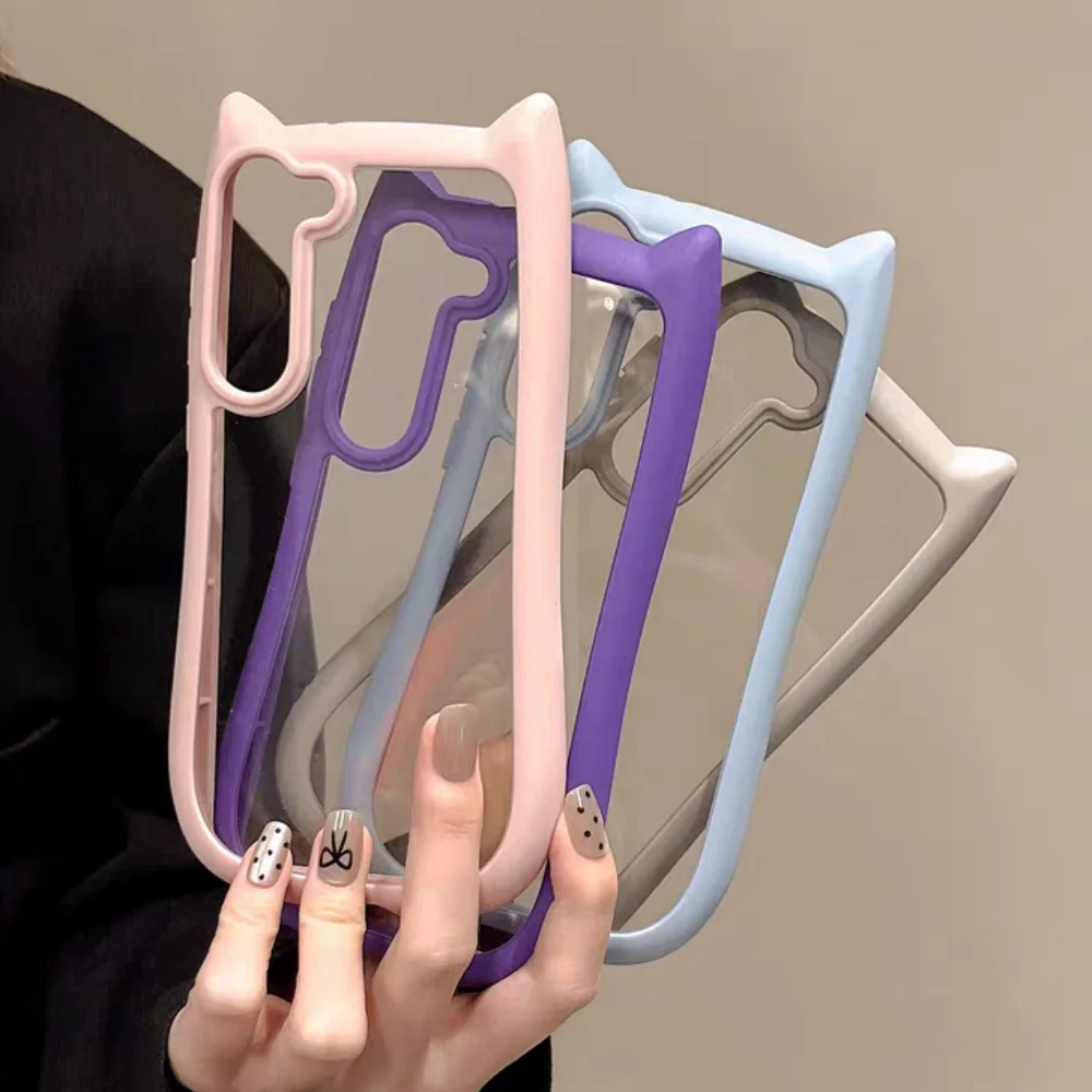 Korean Cute Candy Color 3D Cat Ears Transparent Phone Case - Kawaii Shockproof Soft Border Cover