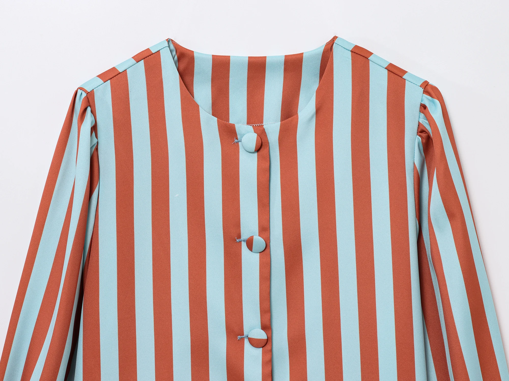 SLTNX New Women's Chic Blouse Loose Stripe Printed Shirt O-neck Bubble Sleeve Single-breasted Simple Casual Blouse