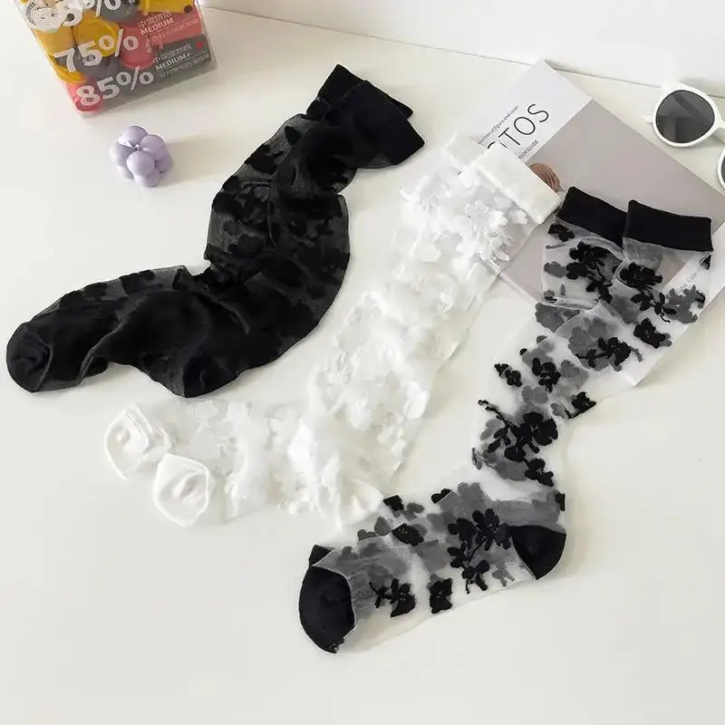 Summer Ultra-thin Transparent Nylon Long Socks Stockings Japanese Fashion Flower Knee Socks Vintage Crystal Silk Socks Stockings