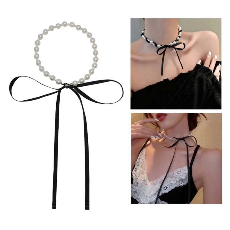 Vintage Pearl Choker Necklace Long Ribbon Bowknot Neck Tie Chain
