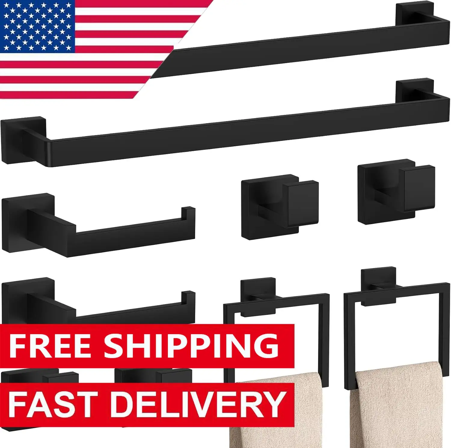 10-Pieces Matte Black Bathroom Accessories Set, 23.6 Inch Bath Towel Bar Set, SUS 304 Stainless Steel Bathroom Hardware Set