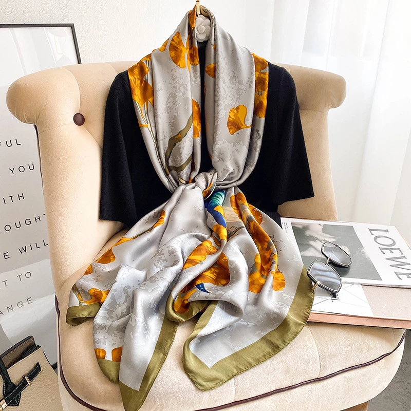 

Design Print Women Scarf Silk Long Pashmina Shawl Lady Wrap Summer Spring Beach Stoles Foulard Female Bandana 2021 New