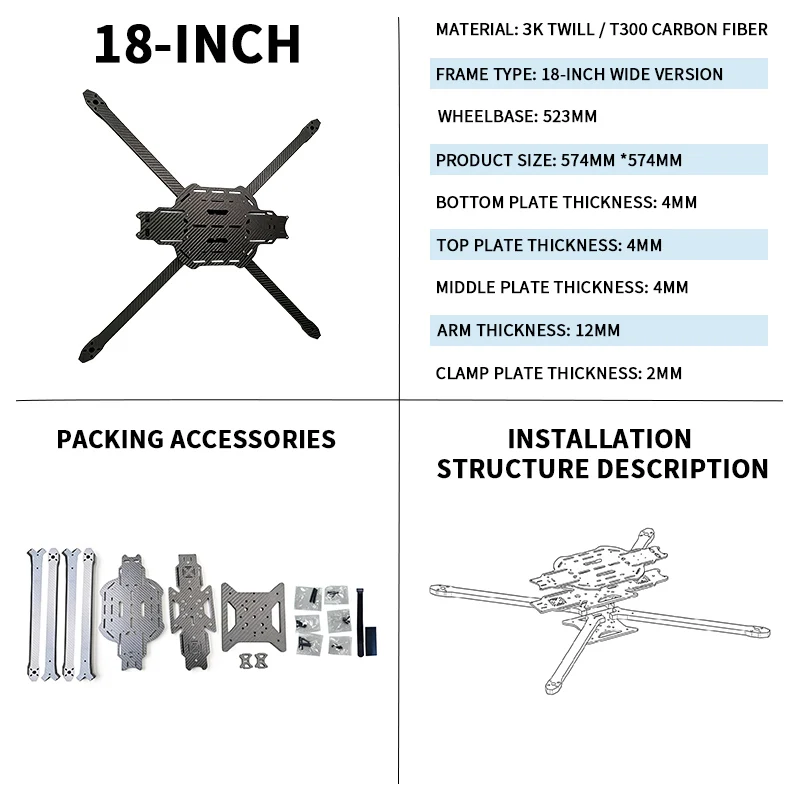Cadre Drone FPV 18 pouces Fibre Carbone T300 Large Version Course