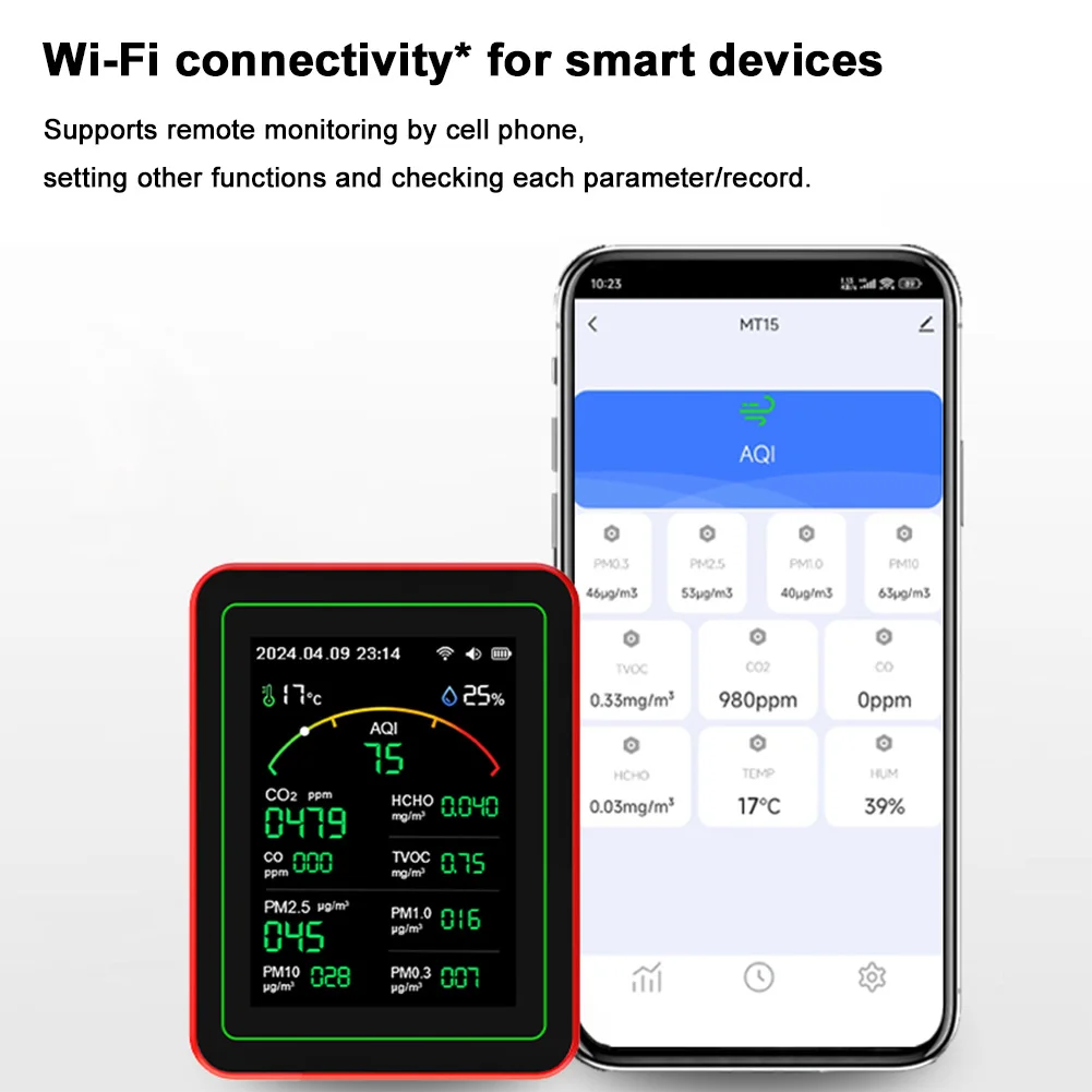 WiFi 15 in 1 Air Quality Detector TFT Display Portable AQI PM0.3 PM1.0 PM2.5 PM10 Tester APP Control Temperature Humidity Meter