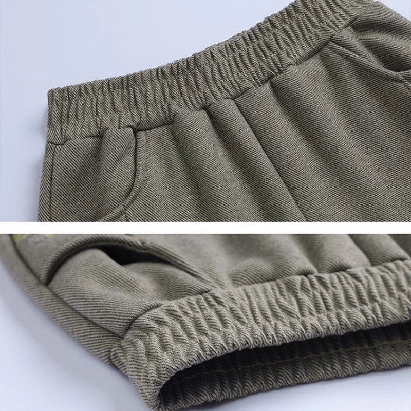 Autumn and Winter Women's Elastic Waist Solid Embroidered Bright Line Decoration Pocket Plush Thickened Harlan Fashion Pants