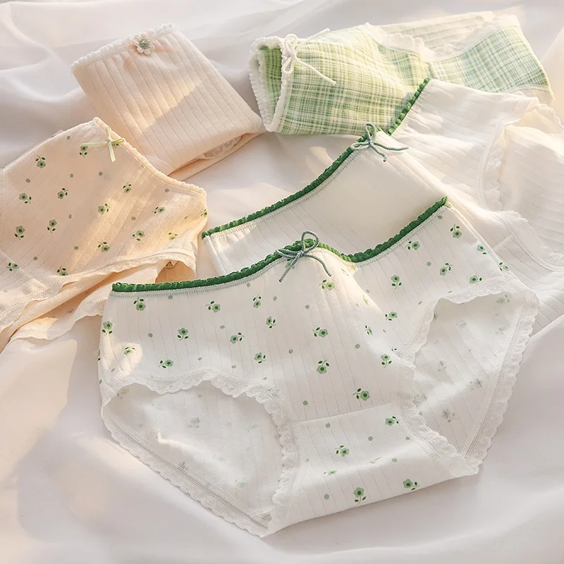 thumbnail image 1 of Bragas de algodón puro con lazo para mujer, ropa interior de cintura media, pantalones cortos florales suaves, lencería Sexy, 5 unidades por juego, 1 of 5