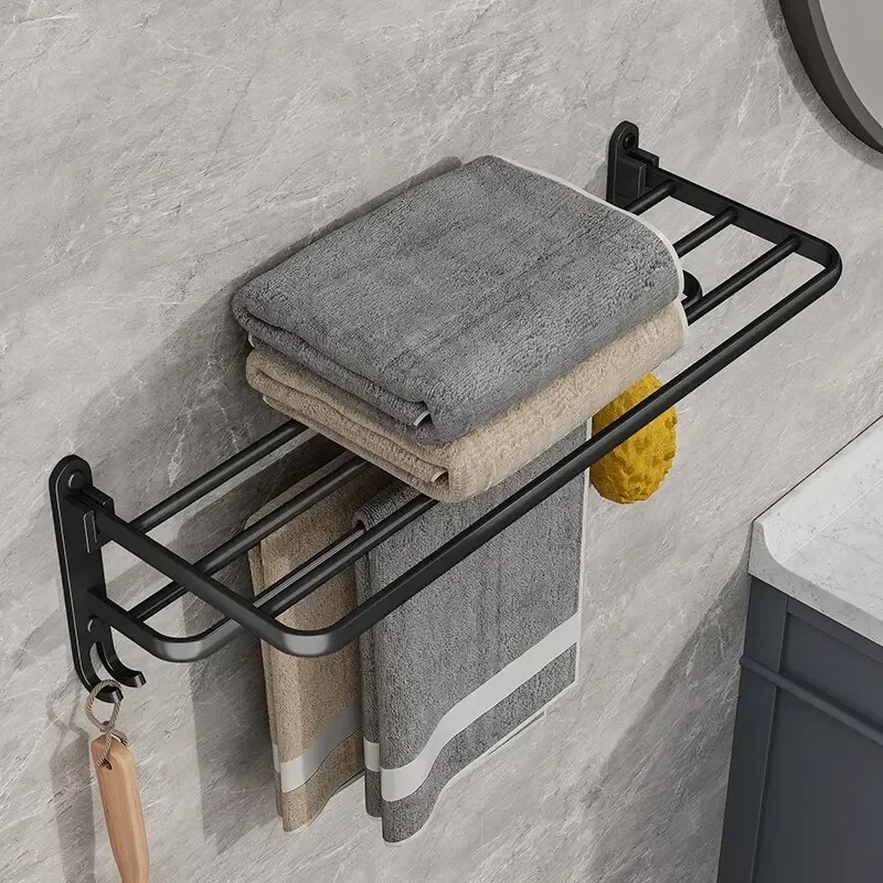 Matte Black Towel Rack 40-60CM Movable Holder With Hook Wall Mount Shelf Aluminum Shower Bar Hanger Rail Bathroom Accessories