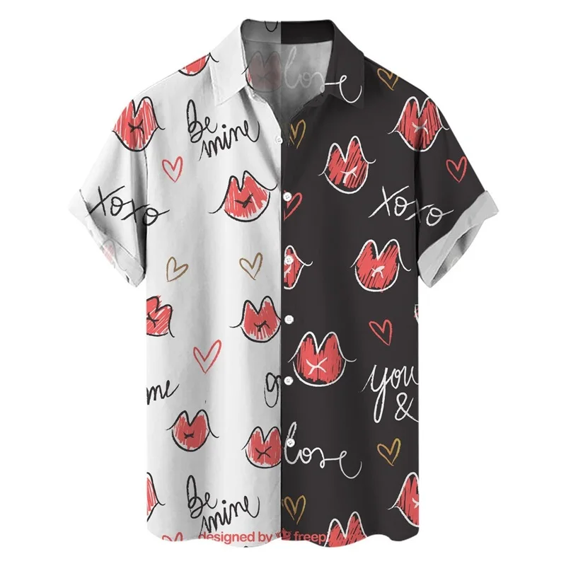 thumbnail image 1 of Camisetas de manga corta para hombre, con estampado 3D de amor, gráfico, camisas de botones para el día de San Valentín, blusa informal de verano para playa para hombre, 1 of 5