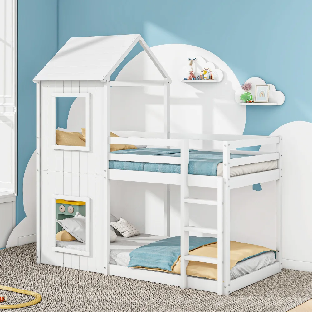 90*200cm Massivholz-Etagenbett mit Leiter & Baldachin Bodenfreundliches Kinder-Hausbett Robuste Schlafzimmermöbel Fotografie-Requisiten – Detail 5