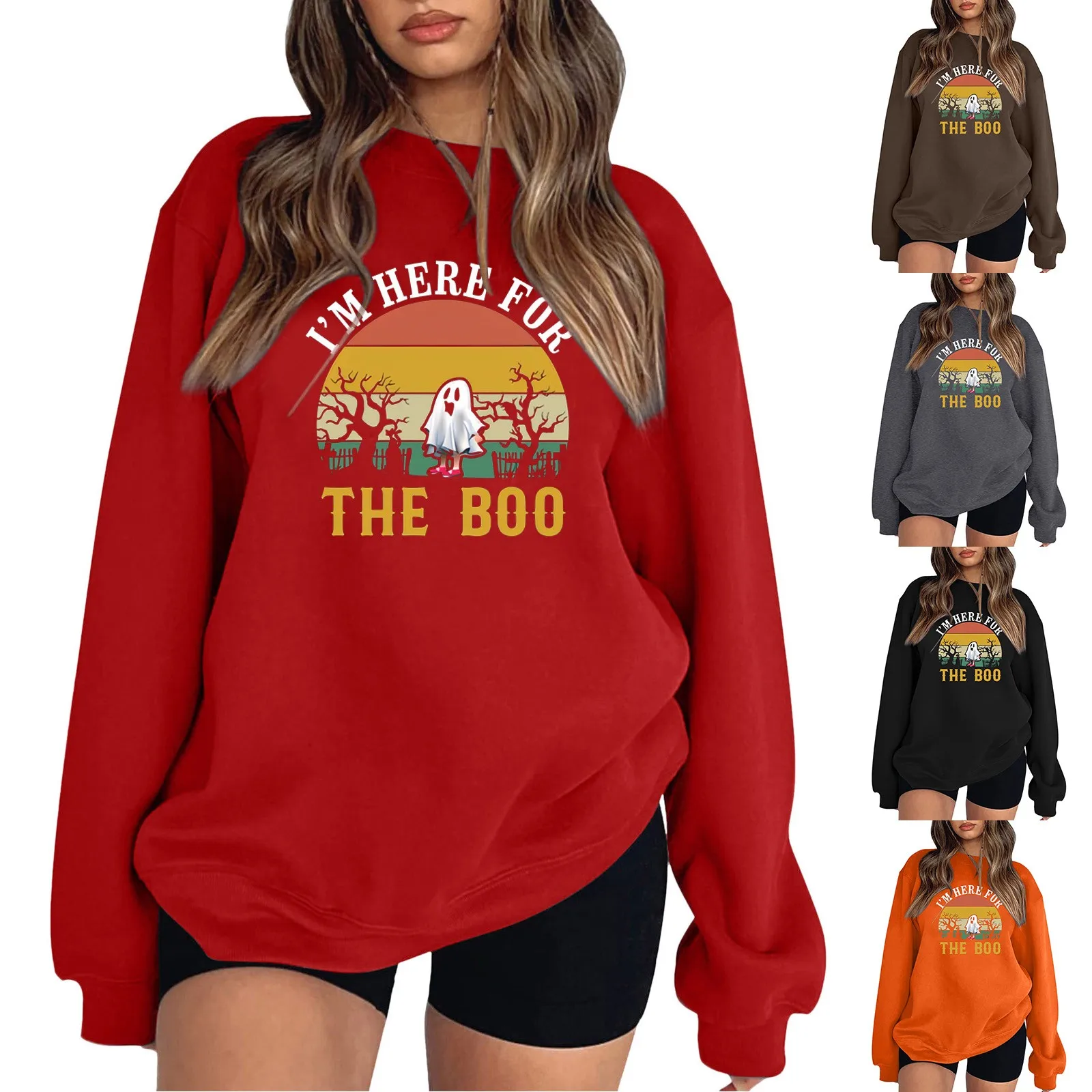 

Sweatshirt T Shirt Womens Round Neck Halloween Printed Long Sleeve Crewneck Casual Pullover Top Fashion Extra Long Sweatshirt