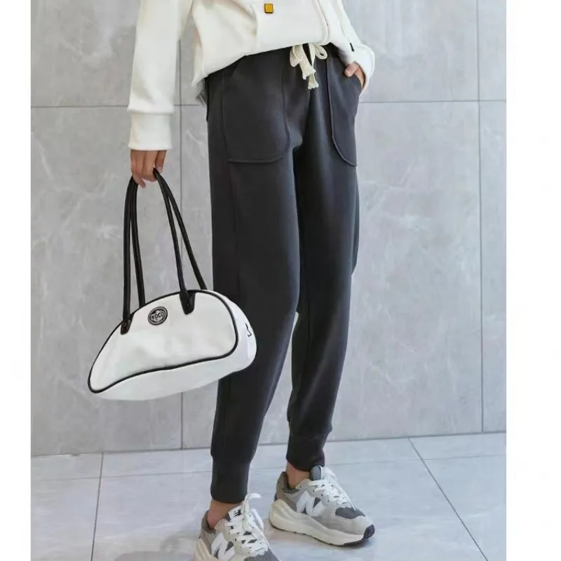 Women's Autumn Winter 2024 New Thick High Waisted Elastic Drawstring Loose Solid Color Pockets Casual Sports Versatile Wei Pants