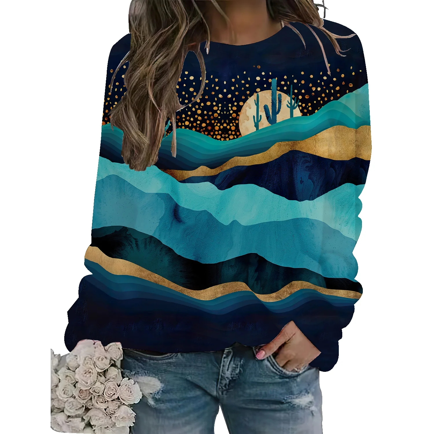 

Natural Scenery Hoodies Hip Hop Plant Printing Women's Sweatshirts Round Neck Loose Hoodie Casual Trend Loose Women's Pullover
