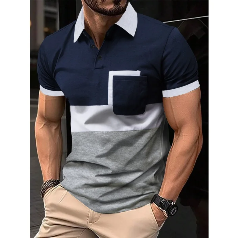 Men's Fashion POLO Collar Cargo Shirt Cotton Linen Breathable T-shirt with A Pocket Shirt on The Chest Рубашки Men