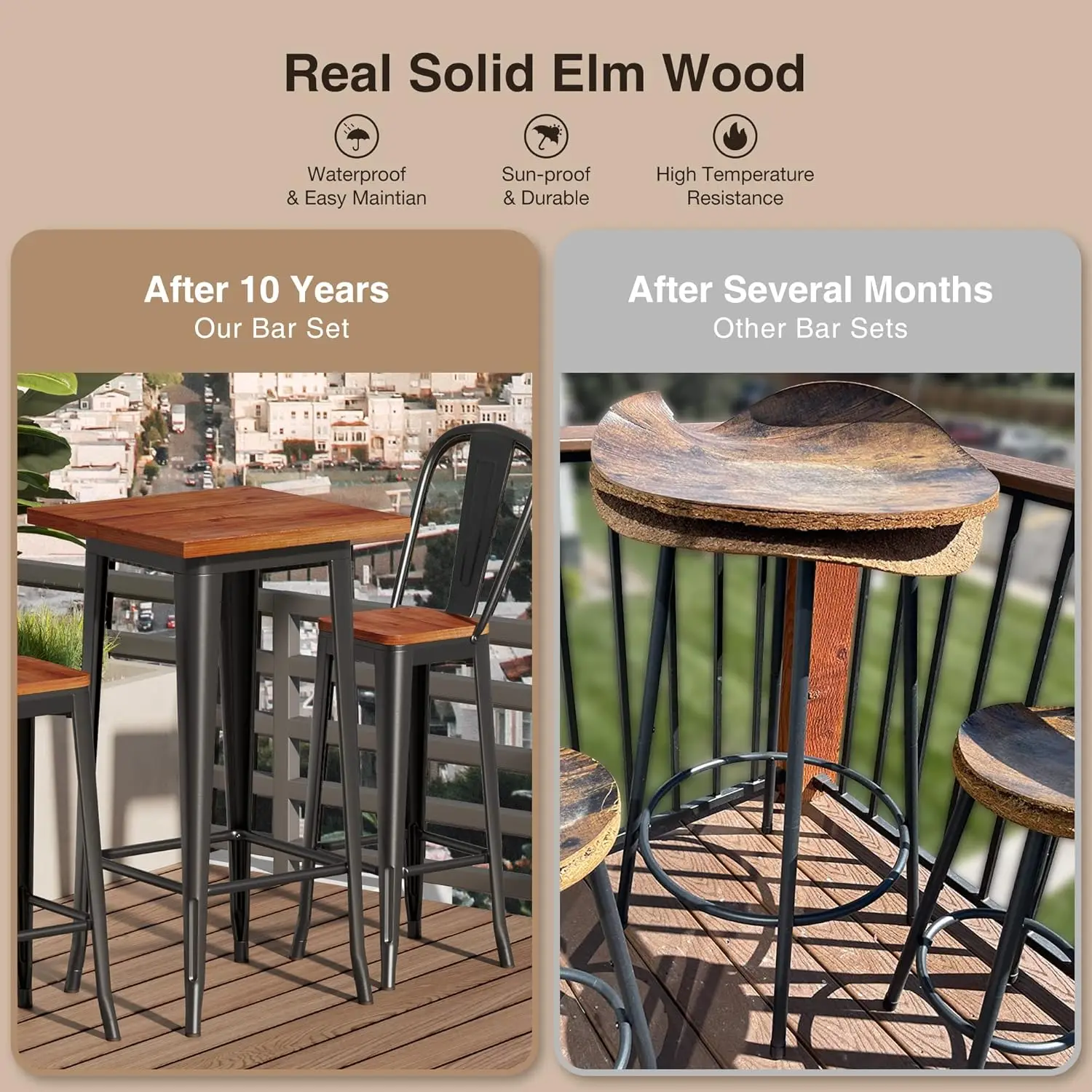 Bar Table and Chairs Set, Pub Table and Chairs Set of 2, with Elm Solid Wood Thickened Metal Frame, for Bar, Small Spac