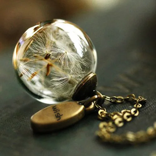 Round Orb Dandelion Dried Flower Pendant Necklace Charm Natural Dandelion Glass Ball Transparent Lucky Wish Glass Vial Jewelry