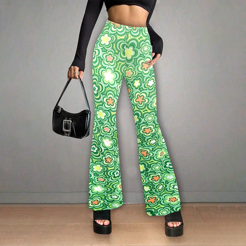 2024 Women's Summer New Patchwork High-waisted Elasticized Printing Slim Fit Fashion Minimalist Comfortable Casual Flared Pants