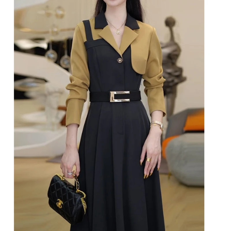 Womens Mid-Collar Loose-Fit A-Line Maxi Wool Dress with Knee-Length Hem