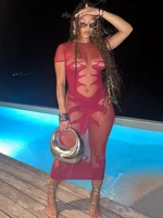Sibybo See Through High Stretch Long Dress For Women Fashion O Neck Short Sleeve Slim Bodycon Robes Sexy Club Party Dresses 2