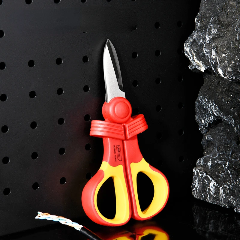 Deli VDE Electrician Scissors 1000V Insulated Cable Cutter Wire Curved Stainless Nippers Household Shears Crimping Tool Scissors 4